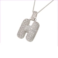 Hip hop silver letter H pendant necklace with micro-paved cubic zirconia and box chain - Silver H
