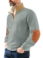 Men's half-zip fleece sweatshirt in grey-blue with brown stand collar and elbow patches - S / Gray