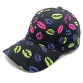 Classic black baseball cap featuring vibrant neon lip patterns and a curved brim design - M (56-58cm) / Black