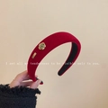 Dark red velvet padded headband featuring gold camellia flower and metal tag - Gold Camellia Metal Label Style / Red