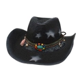 Schwarzer Stroh-Cowboyhut mit weißen Sternmustern und böhmischem Türkis-Perlenband-Dekor - Ethno Stil + Windseil / Schwarz