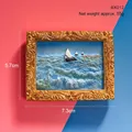 3D resin fridge magnet featuring relief ocean waves and ship in gold vintage frame - Fishing Boats on the Beach