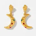 Detailed shot of golden moon drop earrings with colorful zircon stones in bohemian style - Multicolor Zirconia Moon Earrings (KDE862)