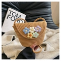 Mini stro emmer tas met kleurrijke gehaakte bloemen en geweven schouderband - Stijl 1 Khaki (5 Bloemen)