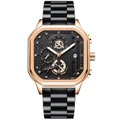 Men's square quartz watch with rose gold case, black dial, and metal chain strap - 628 Gold Case Black Dial Black Band (Functional Chronograph)