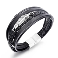 Bracciale multistrato in pelle nera intrecciata con piuma in metallo argento e chiusura magnetica - Color Acciaio
