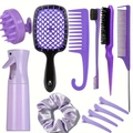 Set per capelli viola da 9 pezzi con spazzola districante, pettine, spray e fermagli per capelli - Set da 9 Pezzi Viola (Pettine a Griglia)
