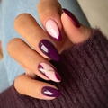Close-up of almond-shaped purple and nude press-on nails with elegant gold line details - Bz1617 Purple Pink Gold Trim / Glue Type