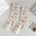 Creamy white crew socks with pink bows and star patterns for a sweet aesthetic look - One Size / Pink / Pink Bowknot Star