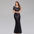 Elegant black mermaid evening gown with silver sequin leaf patterns and short sleeves - Black