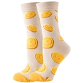 Detail shot of beige socks with gold coin patterns featuring a yellow heel and toe - Size 35-42 / Khaki Dollar