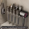 Gunmetal grey wall-mounted bathroom organizer with 4 cups and hairdryer holder - Gunmetal Grey | 4 Slots With Cups + Toothpaste Dispenser + Hair Dryer Rack