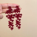 Macro detail of deep red matte 3D flower tassel earrings with layered petals - Silver Pin Wine Red Flower Tassel Studs (4#)