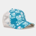 Detail of teal cactus print fabric and breathable white mesh on trucker sun hat - Style 14-Turquoise Cactus