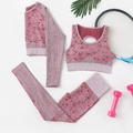 Set yoga rosa 3 pezzi con maglia a maniche lunghe, reggiseno sportivo e leggings fitness - S / Borgogna