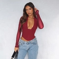 Chic burgundy long sleeve Y2K top with deep V-neck and lace-up waist detail - S / Burgundy