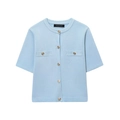 Short sleeve light blue knit cardigan with gold buttons and round neck flat lay view - Sky Blue