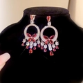 Gros plan de boucles d'oreilles en argent avec strass papillon rouges et franges - 6# Boucles d'oreilles rondes roses avec tige en argent (Argenté)