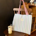 Blue and purple striped large capacity tote bag with pink straps and woven label - Blue Striped