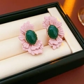 Pink Petal Oval Green Gem Stud Earrings (1#)