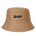 Close-up of khaki cotton bucket hat featuring black cursive Bride embroidery detail - Khaki
