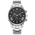Detail view of silver Geneva watch with black chronograph dial and date window display - New Model Color 2
