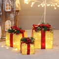 Dreiteiliges Set leuchtender Weihnachts-Geschenkboxen mit LED und roten Schleifen - Gold (Mit LED-Licht)