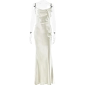Elegante abito lungo in raso bianco con spalline sottili e silhouette da sera aderente - S / verde chiaro