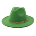 Detail of green wide brim wool fedora with brown faux leather belt and gold buckle - Green