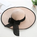 Beige foldable straw sun hat with black ribbon bow for women's outdoor holiday travel - M (56-58cm) / Nude Pink