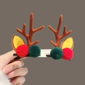Handheld Christmas reindeer antler hair clips with colorful pompoms and yellow ears - Brown Antler Red Green Pom Pom