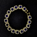 Golden alloy Cuban link bracelet with square blue sapphire and clear gemstone accents - Blue Rhinestone / 8inch / Gold