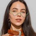 Close-up of a model wearing bright green geometric V-shaped metal rimless glasses - C10 Green