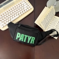 Kids black nylon waist bag with neon green PATYR letters and multiple zipper pockets - Black