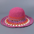 Detail of colorful bohemian crochet patterns on a handmade wide brim straw sun hat - M(56-58cm) / Rose Red