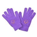 Close-up of purple knit winter gloves featuring orange embroidered smiley face details - One Size / Purple