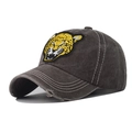 Detailed embroidery of a leopard head on washed grey baseball cap with distressed brim - M (56-58cm) / Leopard Coffee