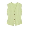 Gilet en maille vert menthe à col en V avec cinq boutons dorés sur fond blanc neutre - S / Hauts / Vert