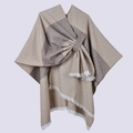 Women's chic beige and dark grey color-block poncho with elegant fringe tassels - Horizontal Stripe with White Fringe and Slash / Coffee