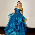 Elegant royal blue off-shoulder evening gown with layered mesh and lace appliques - XS / Blue