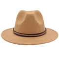 Detail of camel felt fedora hat featuring a brown braided leather band decoration - L(58-60cm) / Braided Rope Decor / Camel