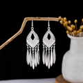 Ethnic style silver peacock tassel earrings with hollow leaf design on a branch - Silver Teardrop Textured Tassel(E5829)