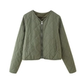 Army green quilted jacket for women with V-neck zipper and diamond stitch patterns - S / Olive Green