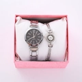 Silver quartz watch with black dial and matching crystal bracelet in a pink gift box - Black Dial Silver Watch Luxury Rhinestone Bracelet Set (Pink Box)