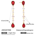 Detailed view of red pear-shaped gemstone earrings with gold tassels and dimensions - Long Pear-Shaped Red Dangle Earrings (JDE0207008)