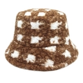 Close-up of thick leopard print teddy fleece fabric texture on a warm bucket hat - M (56-58cm) / Khaki Plaid