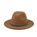 Close-up of camel wool felt boater hat featuring a decorative grey resin chain band - Adult 57-60cm / Camel (03)