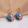 Vintage oil painting style purple floral round pendant earrings with pearl accents - Colorful Landscape Painting [C-45]
