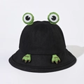 Detail of frog-style black canvas bucket hat with 3D green eyes and Good embroidery - 56-58cm / Adult Black