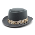 Classic grey vintage pork pie felt hat with patterned ethnic weave band for men and women - M (56-58cm) / Gray